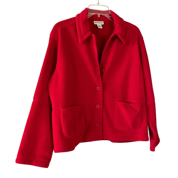 ANN TAYLOR VTG Womens Size Large Holiday Red Front Button Up Pockets Boxy Jacket - Picture 7 of 7